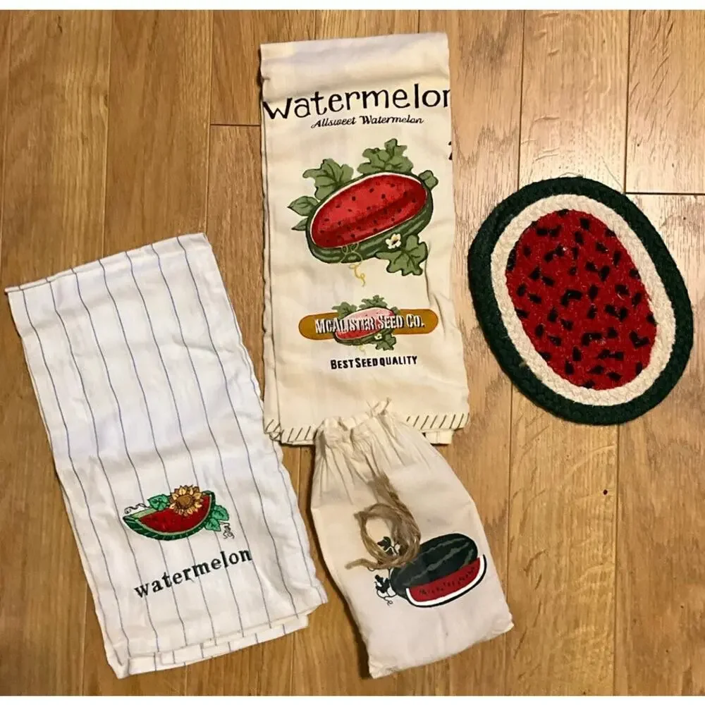NEW 3 Pc Set Watermelon Kitchen 2 Tea Towels 1 Natural Woven Oval Hot Pad